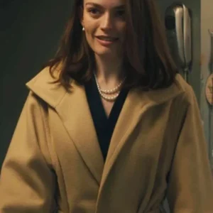 Emma Mackey Ella McCay Brown Wool Long Coat Front