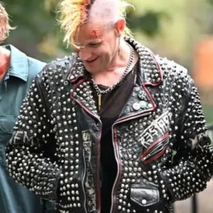 Matt Smith Caught Stealing 2025 Studded Leather Black Biker Jacket Front