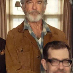 The Thursday Murder Club Pierce Brosnan Brown Suede Leather Jacket