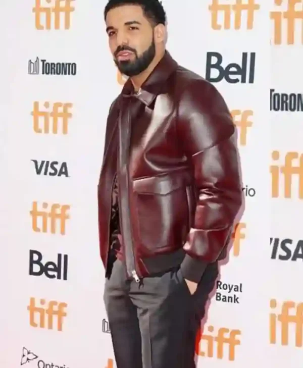 Drake Maroon Bomber Leather Jacket - Image 4