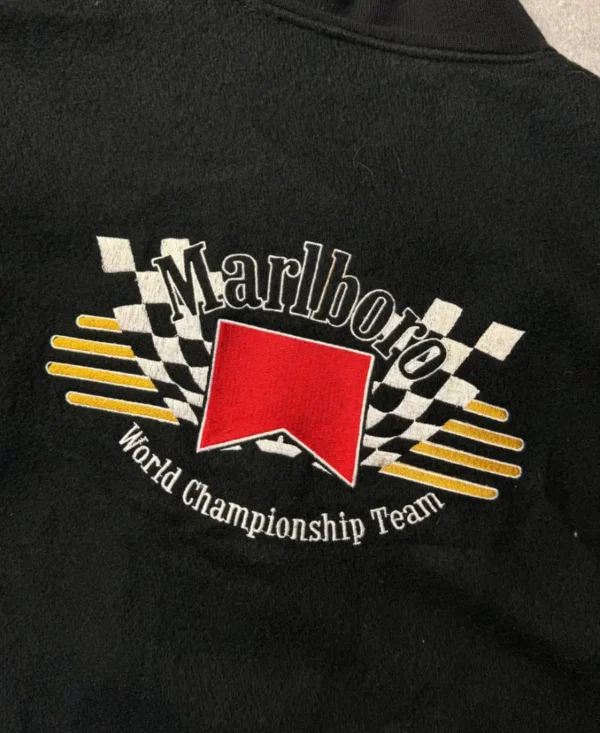 Marlboro Logo Embroidered Leather Sleeve Bomber Jacket - Image 3