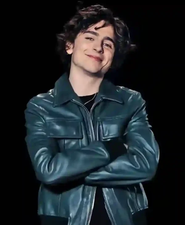 Timothee Chalamet Green Leather Bomber Jacket