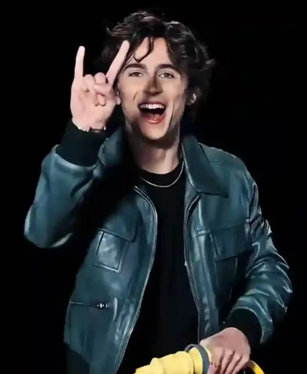 Timothee Chalamet Green Leather Bomber Jacket - Image 2