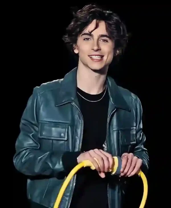 Timothee Chalamet Green Leather Bomber Jacket - Image 3